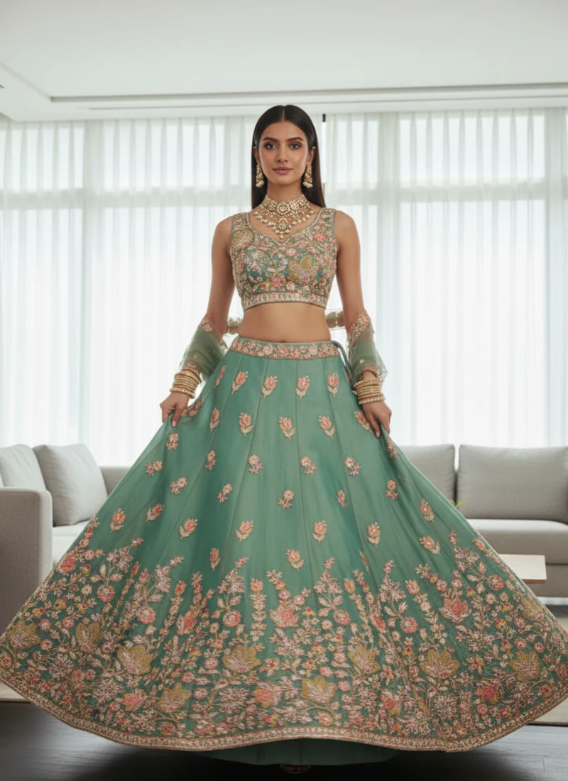 Mesmerizing Pista Green Organza Thread Embroidered Work Lehenga Choli - Image 4