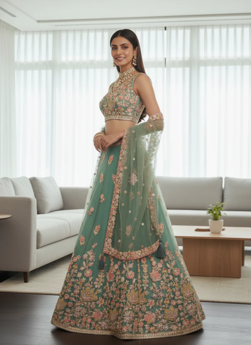 Mesmerizing Pista Green Organza Thread Embroidered Work Lehenga Choli - Image 5