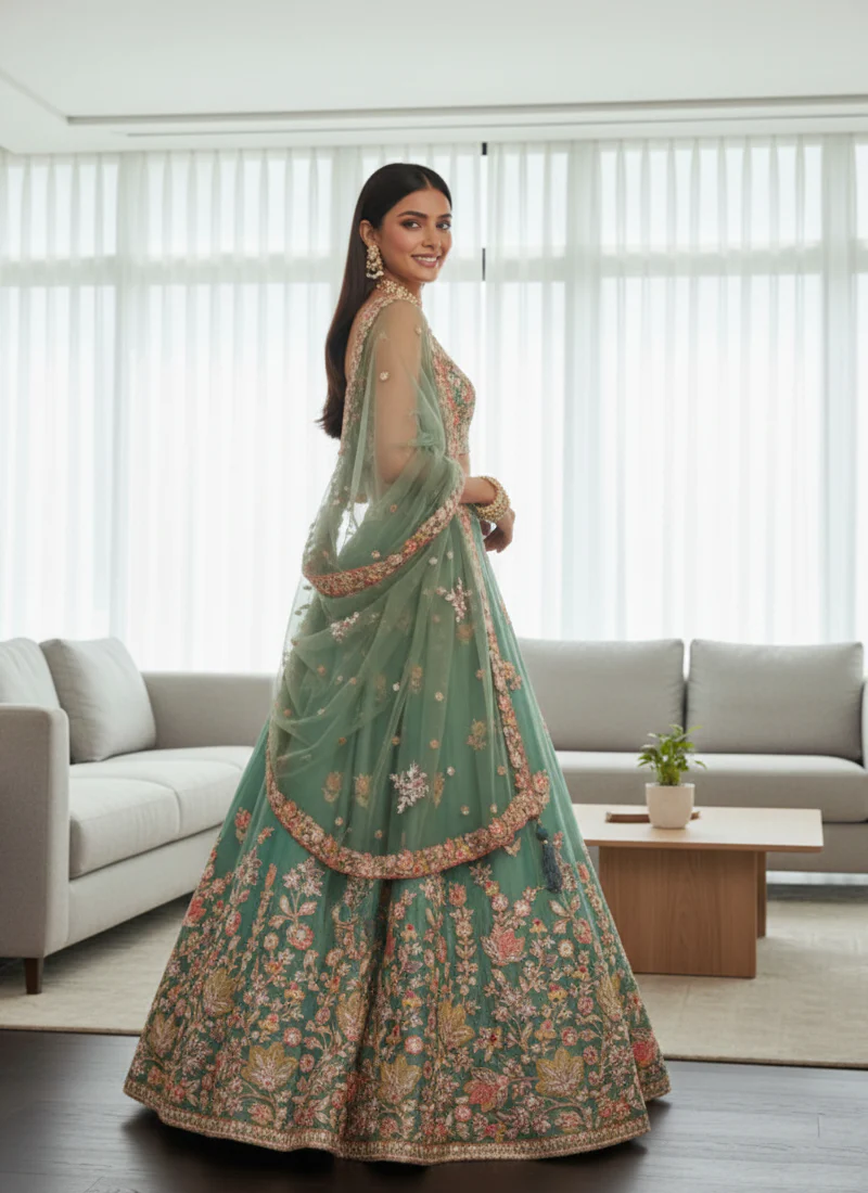 Mesmerizing Pista Green Organza Thread Embroidered Work Lehenga Choli - Image 6