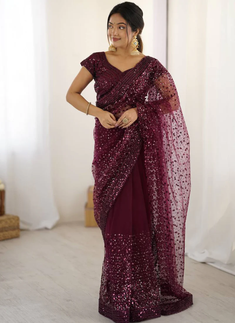 Mesmerizing Sequence Work Net Reception Wear Wine Saree With Blouse - Image 3