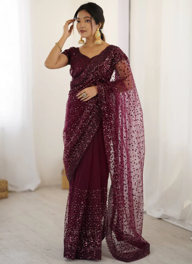 Mesmerizing Sequence Work Net Reception Wear Wine Saree With Blouse - Image 4