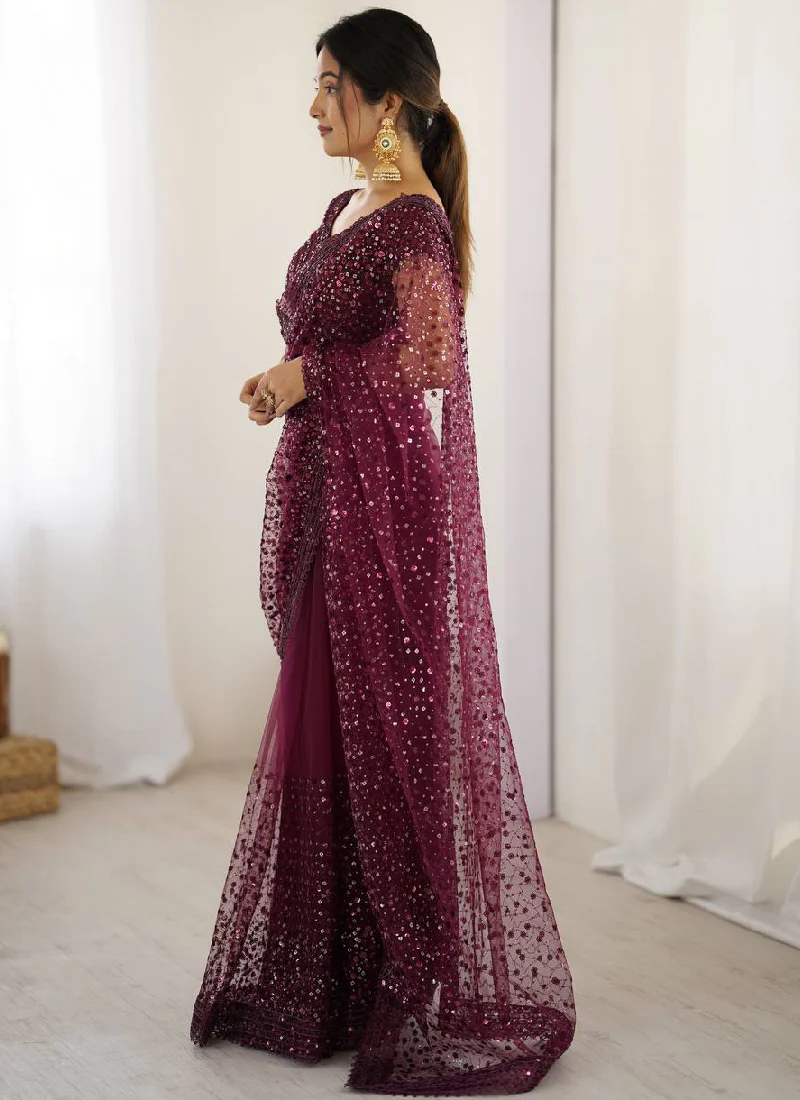 Mesmerizing Sequence Work Net Reception Wear Wine Saree With Blouse - Image 5