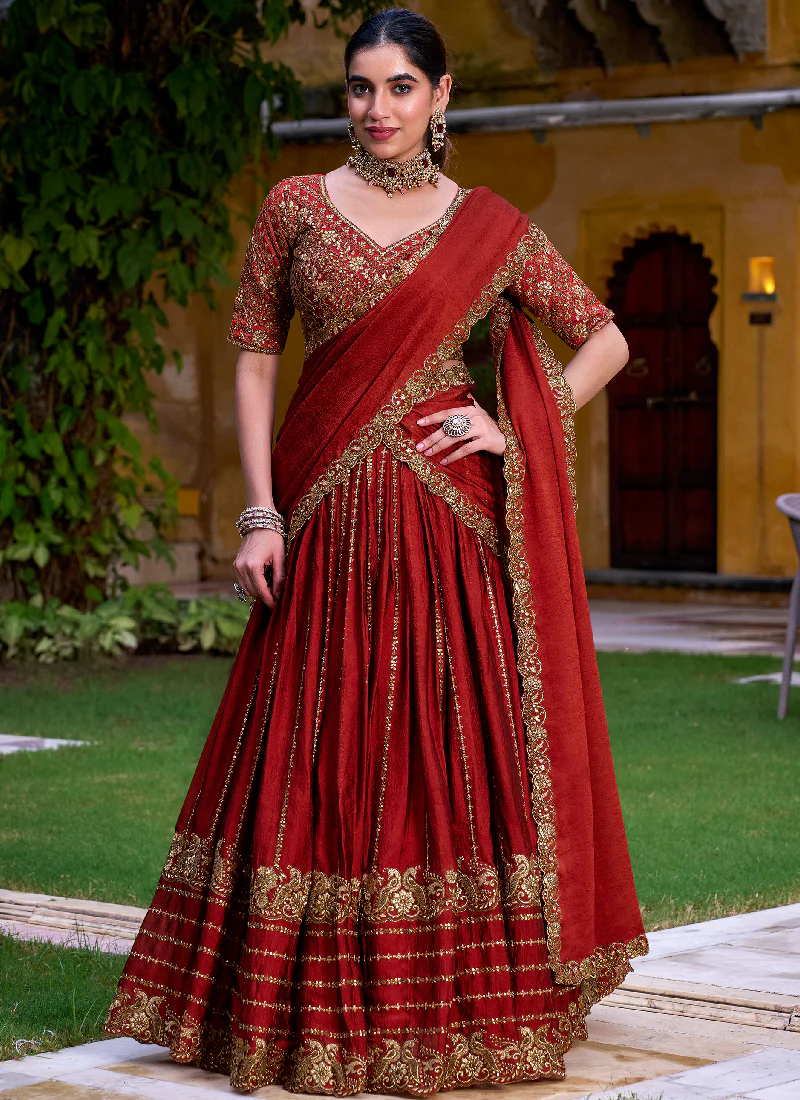 Mesmerizing Zari Embroidered Rangoli Crush Rust Orange Lehenga Choli - Image 2