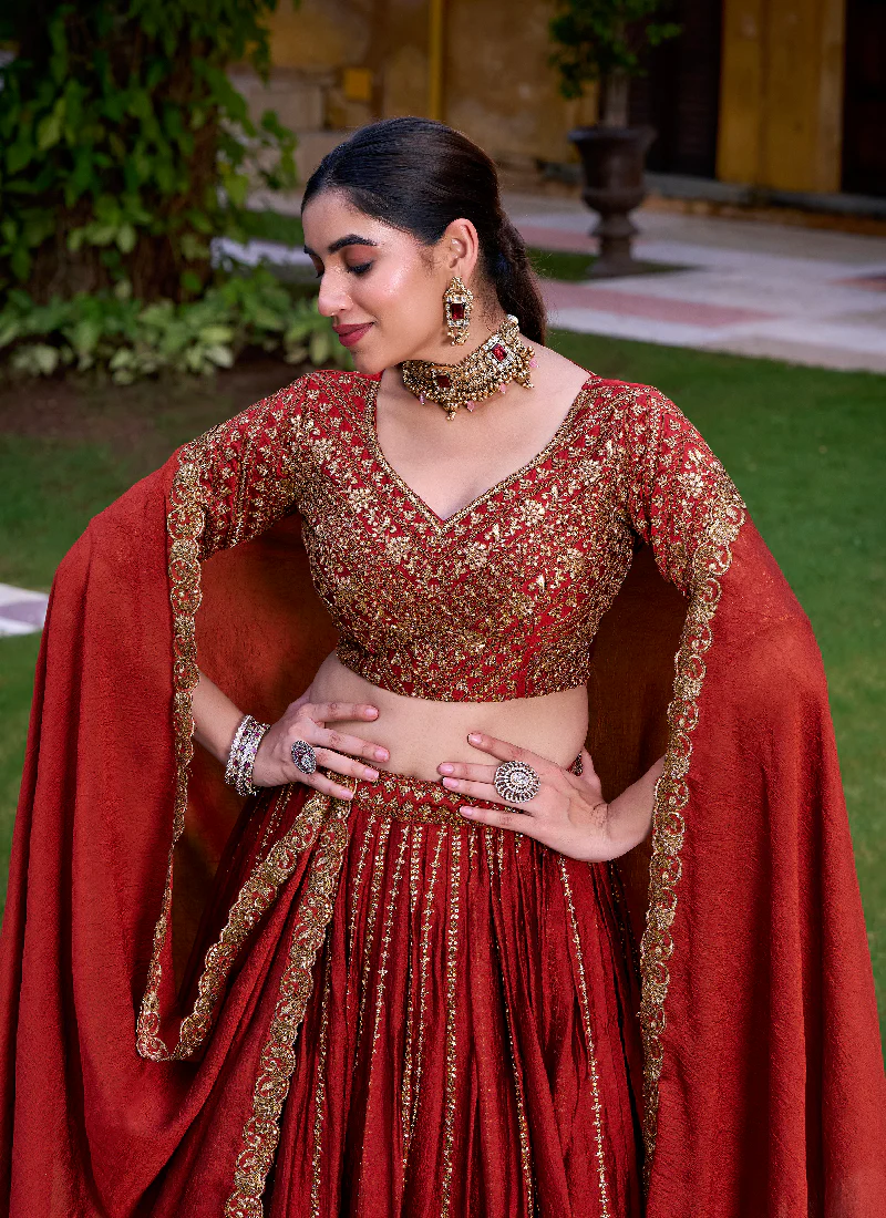 Mesmerizing Zari Embroidered Rangoli Crush Rust Orange Lehenga Choli - Image 3