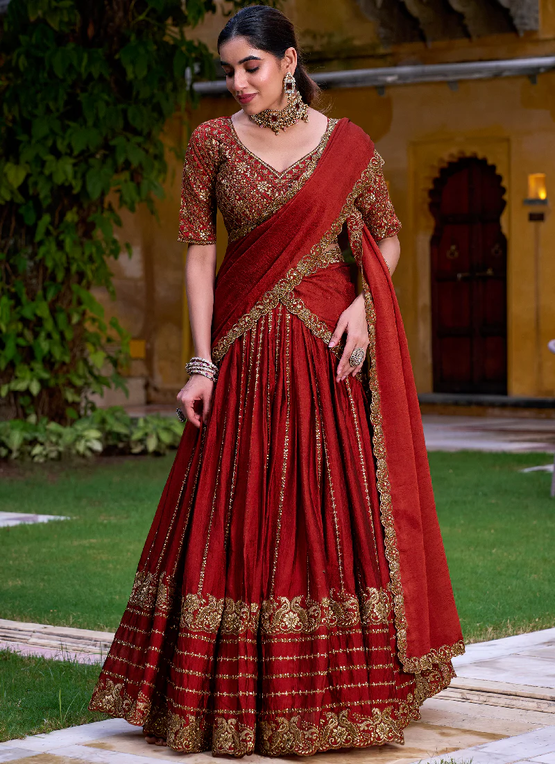 Mesmerizing Zari Embroidered Rangoli Crush Rust Orange Lehenga Choli - Image 4