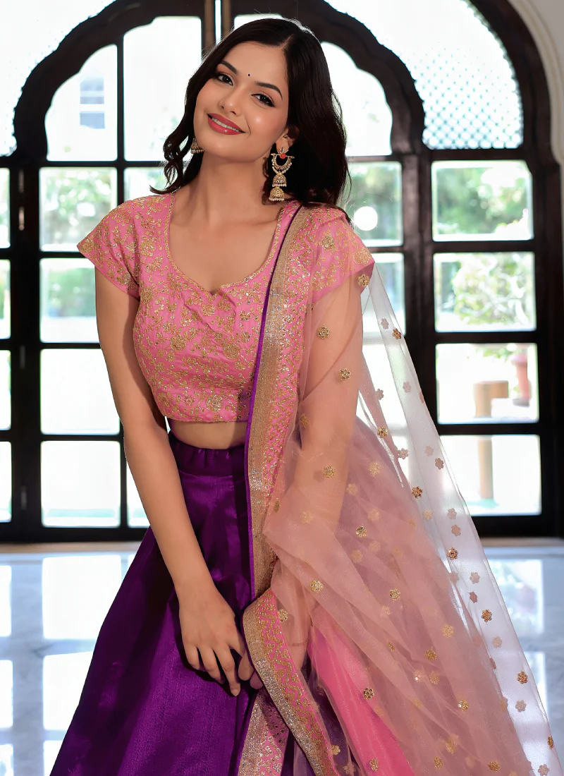 Mulberry Silk Zari Embroidered Work Purple Wedding Wear Lehenga Choli - Image 2