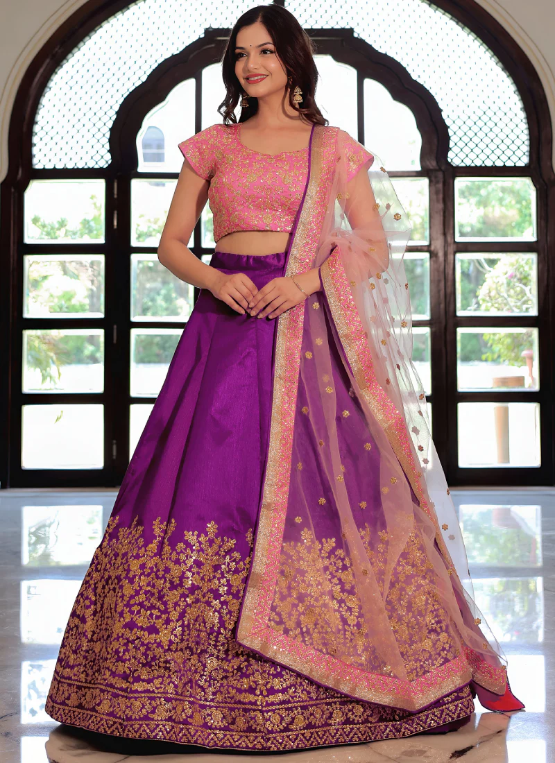 Mulberry Silk Zari Embroidered Work Purple Wedding Wear Lehenga Choli - Image 3