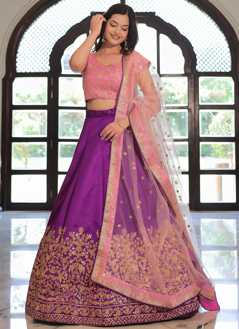 Mulberry Silk Zari Embroidered Work Purple Wedding Wear Lehenga Choli - Image 4