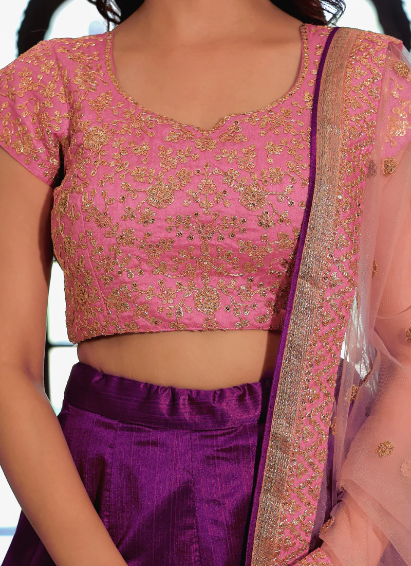 Mulberry Silk Zari Embroidered Work Purple Wedding Wear Lehenga Choli - Image 6