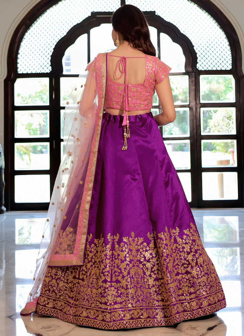 Mulberry Silk Zari Embroidered Work Purple Wedding Wear Lehenga Choli - Image 7