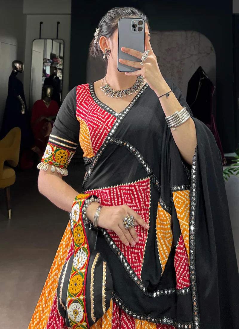 Multi Color Rayon Bandhani Print Gamthi Work Chaniya Choli For Navratri - Image 2