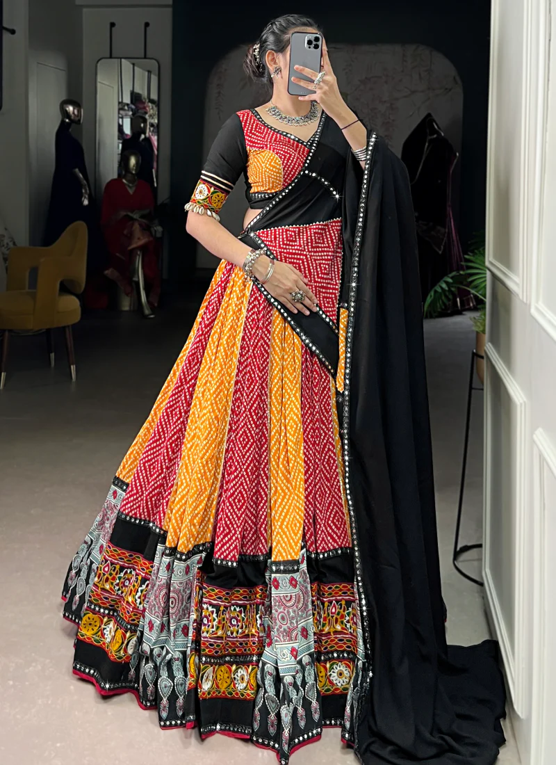 Multi Color Rayon Bandhani Print Gamthi Work Chaniya Choli For Navratri - Image 4