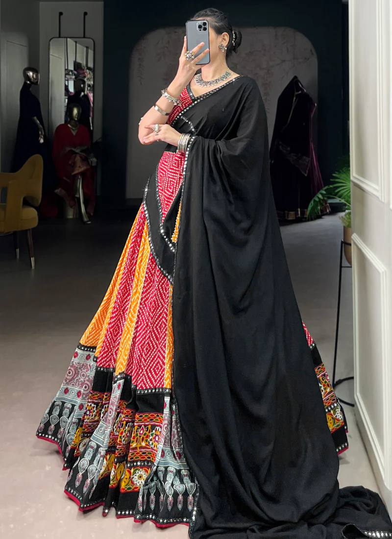 Multi Color Rayon Bandhani Print Gamthi Work Chaniya Choli For Navratri - Image 5