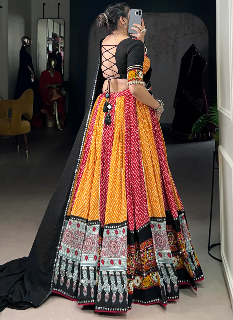 Multi Color Rayon Bandhani Print Gamthi Work Chaniya Choli For Navratri - Image 6