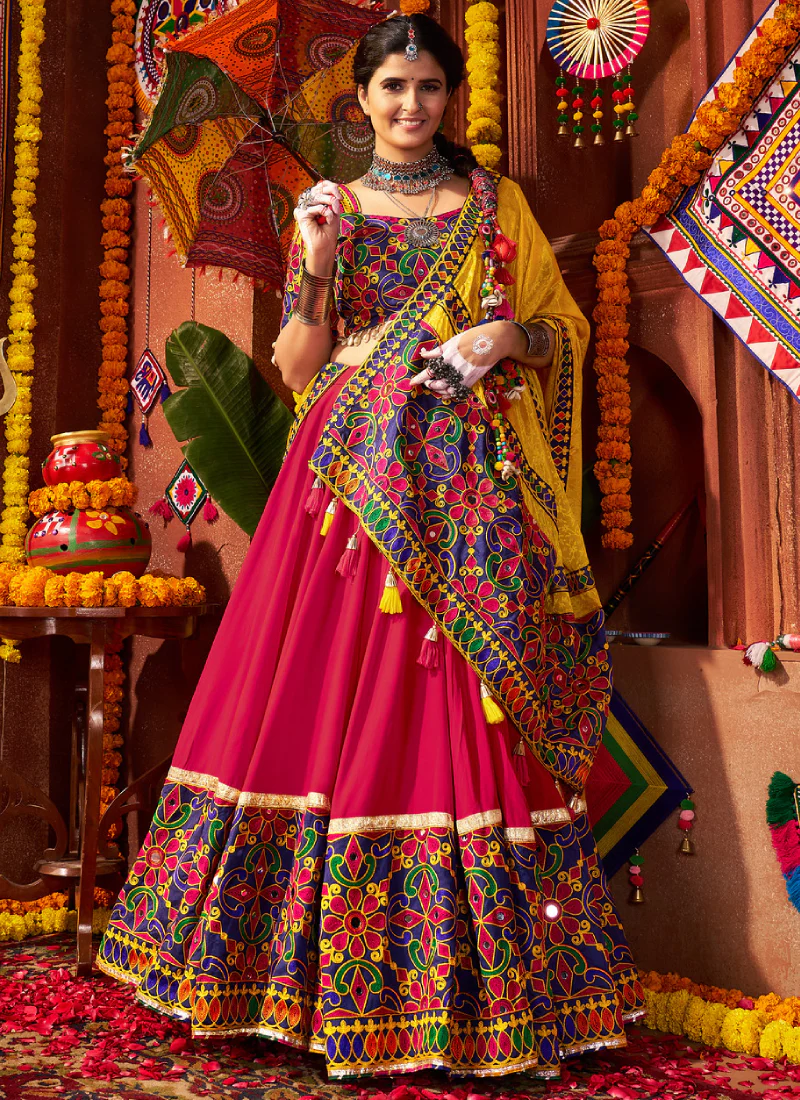 Multi Color Viscose Cotton Mirror Work Ghagra Choli For Navratri - Image 3