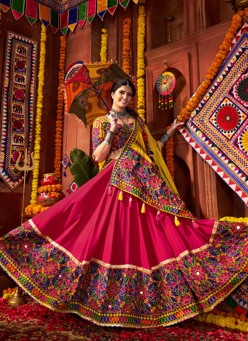 Multi Color Viscose Cotton Mirror Work Ghagra Choli For Navratri - Image 4