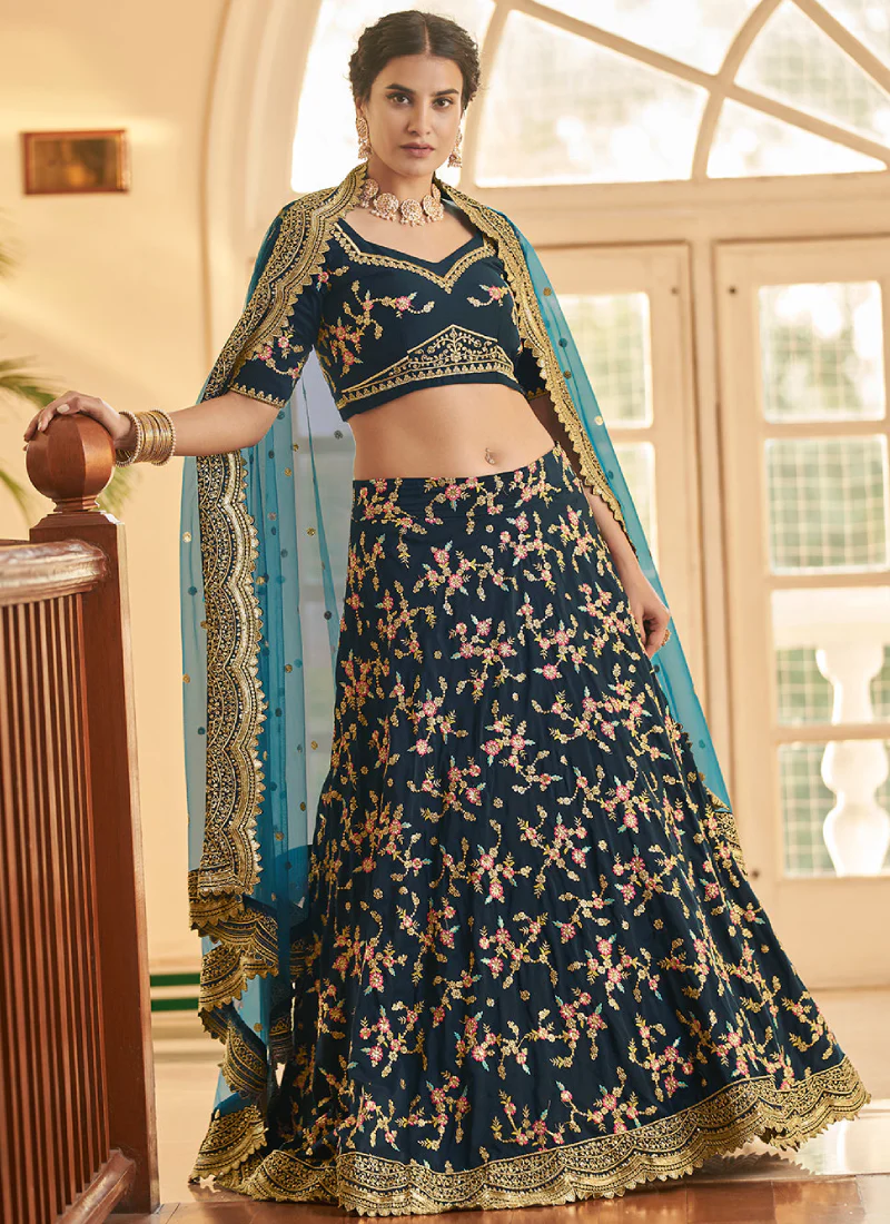 Multi Embroidered Work Chinon Silk Teal Blue Lehenga Choli - Image 3