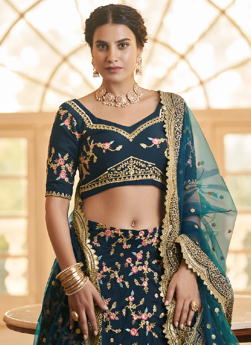 Multi Embroidered Work Chinon Silk Teal Blue Lehenga Choli - Image 4