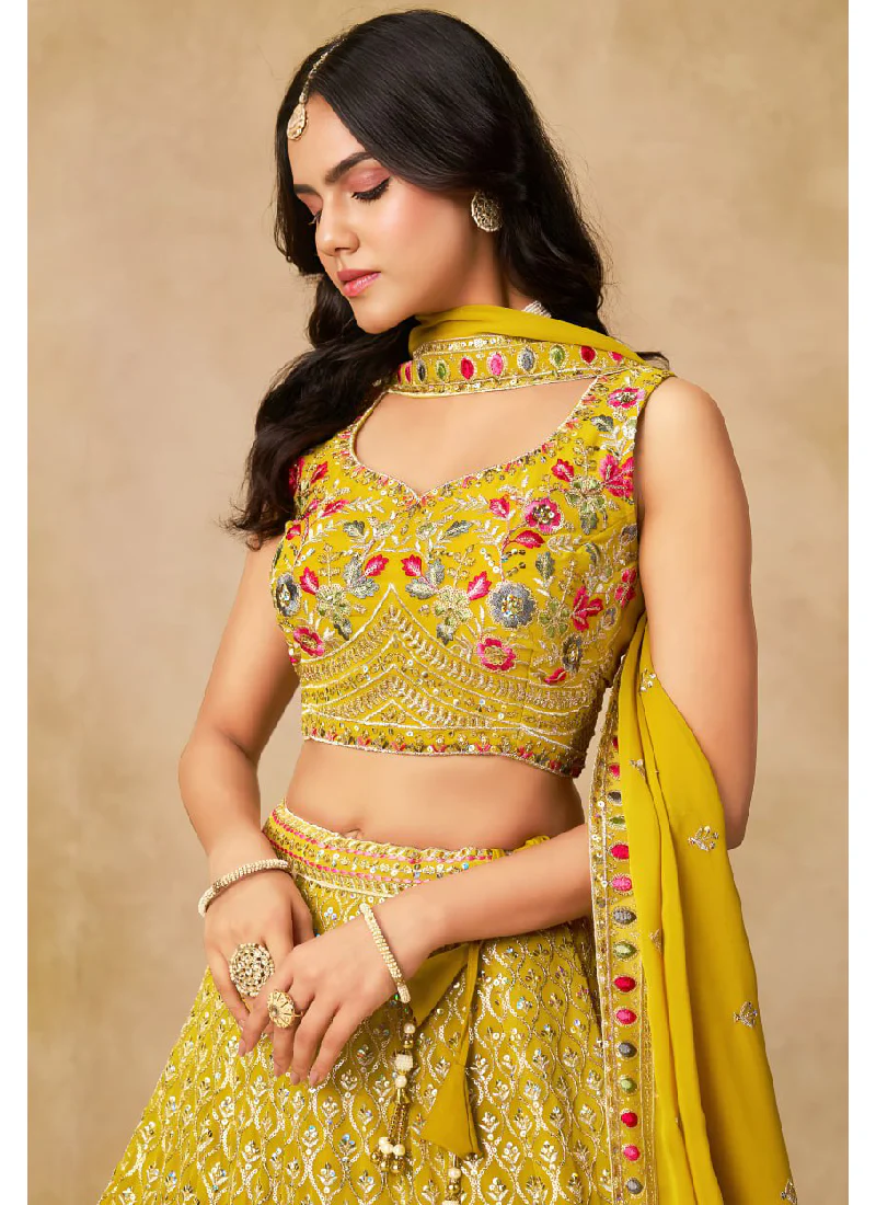 Multi Thread Embroidered Georgette Haldi Special Yellow Lehenga Choli - Image 2