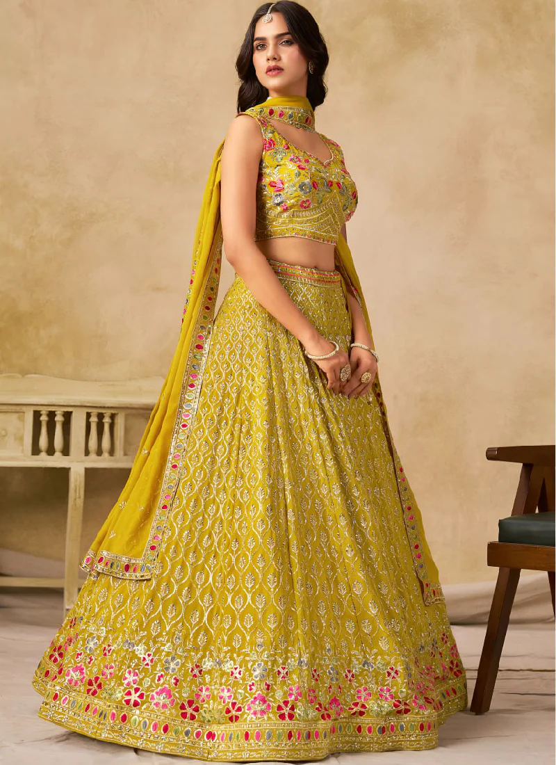 Multi Thread Embroidered Georgette Haldi Special Yellow Lehenga Choli - Image 4