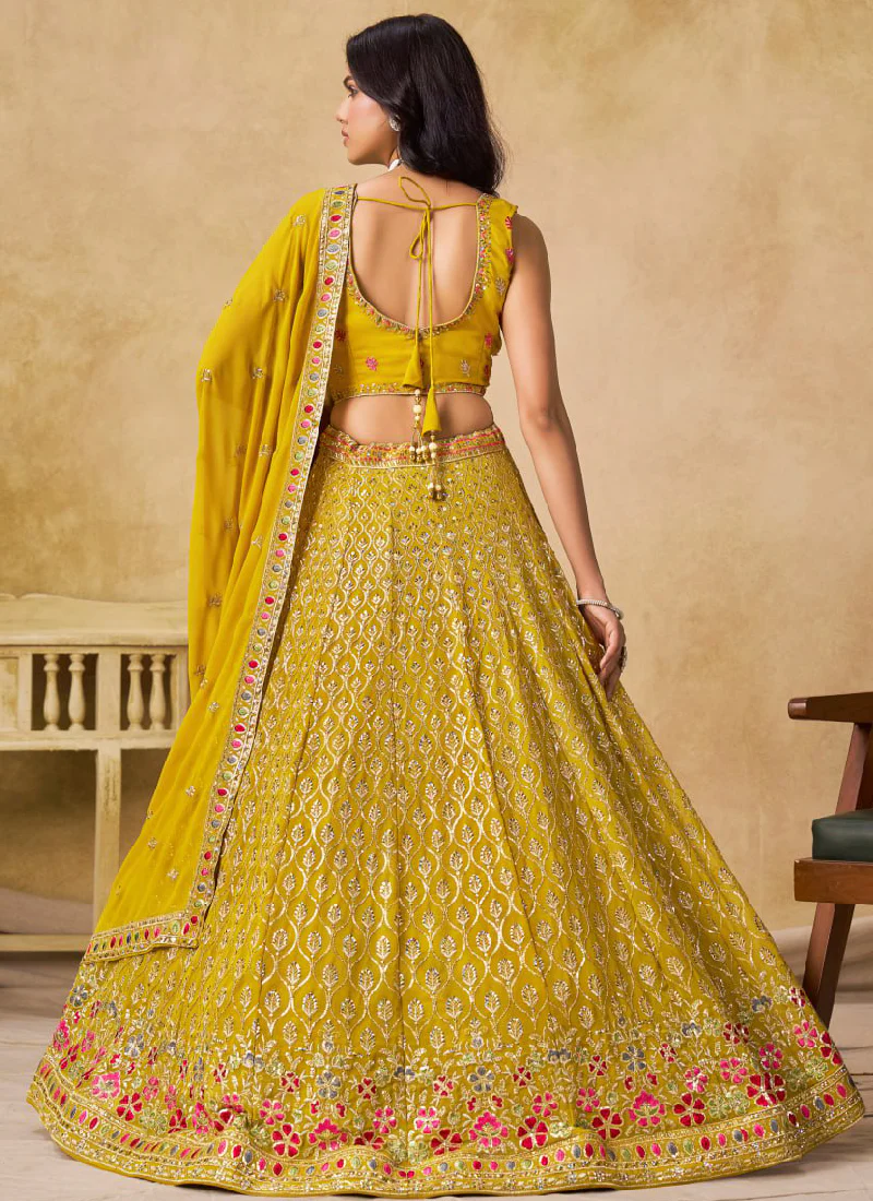 Multi Thread Embroidered Georgette Haldi Special Yellow Lehenga Choli - Image 5