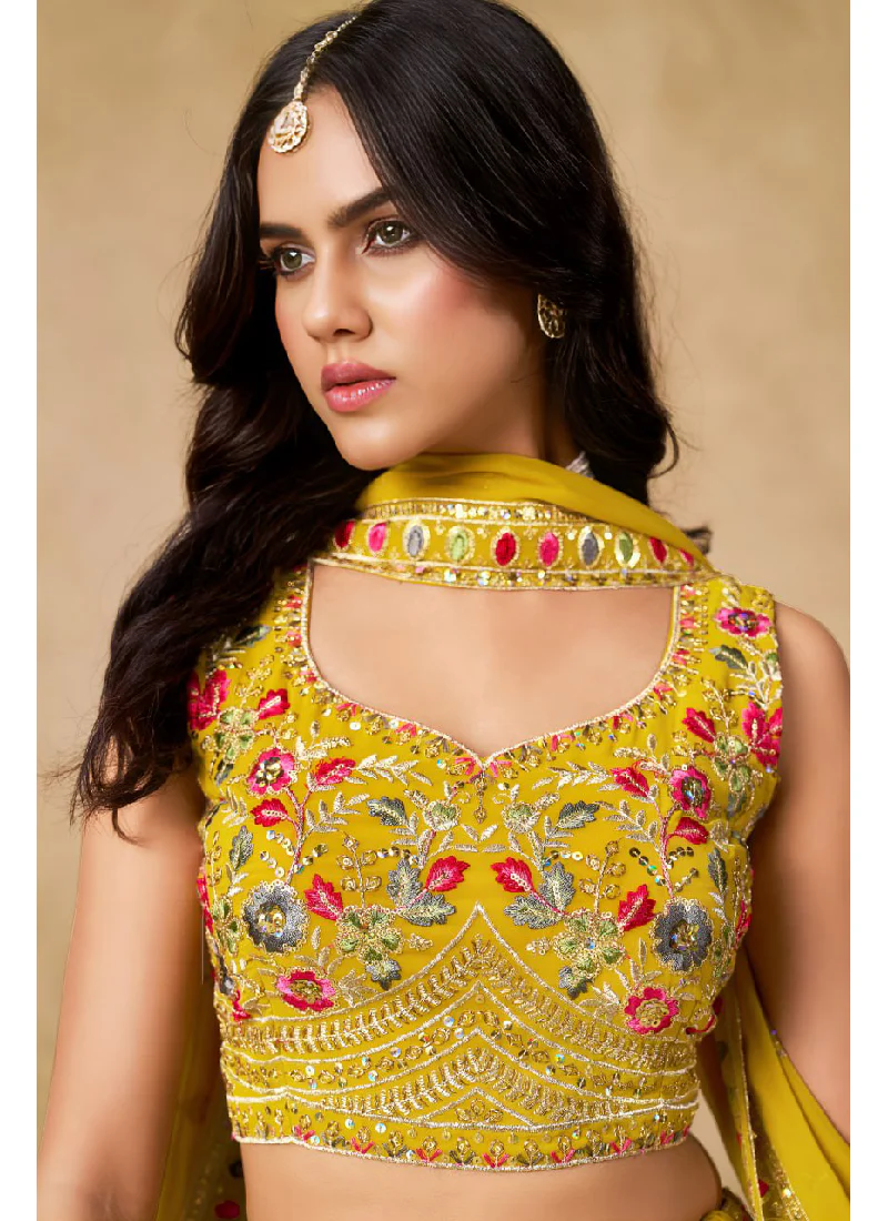 Multi Thread Embroidered Georgette Haldi Special Yellow Lehenga Choli - Image 7