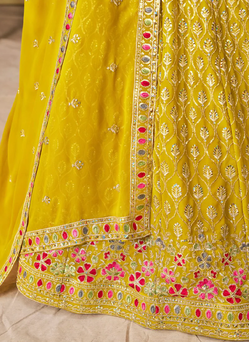 Multi Thread Embroidered Georgette Haldi Special Yellow Lehenga Choli - Image 9