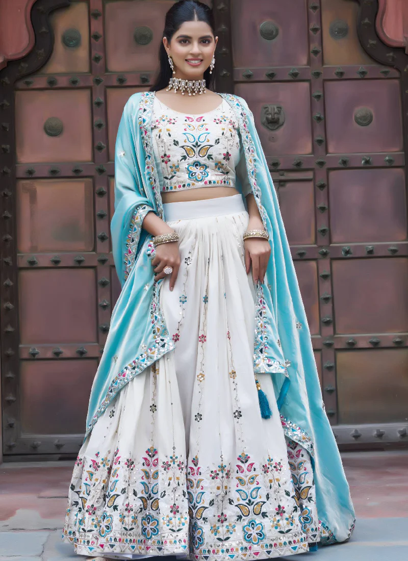 Multi Thread Embroidered Off White Tissue Silk Lehenga Choli Set