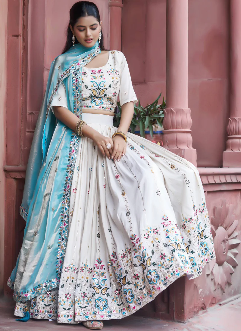 Multi Thread Embroidered Off White Tissue Silk Lehenga Choli Set - Image 10