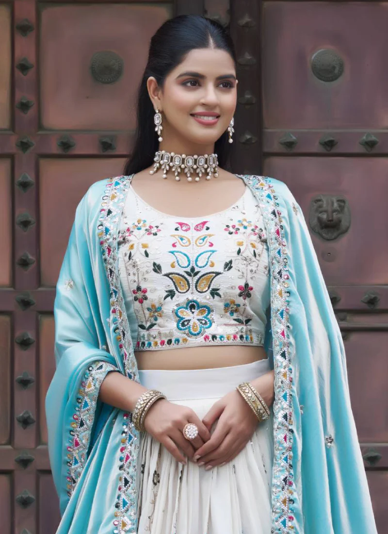 Multi Thread Embroidered Off White Tissue Silk Lehenga Choli Set - Image 2