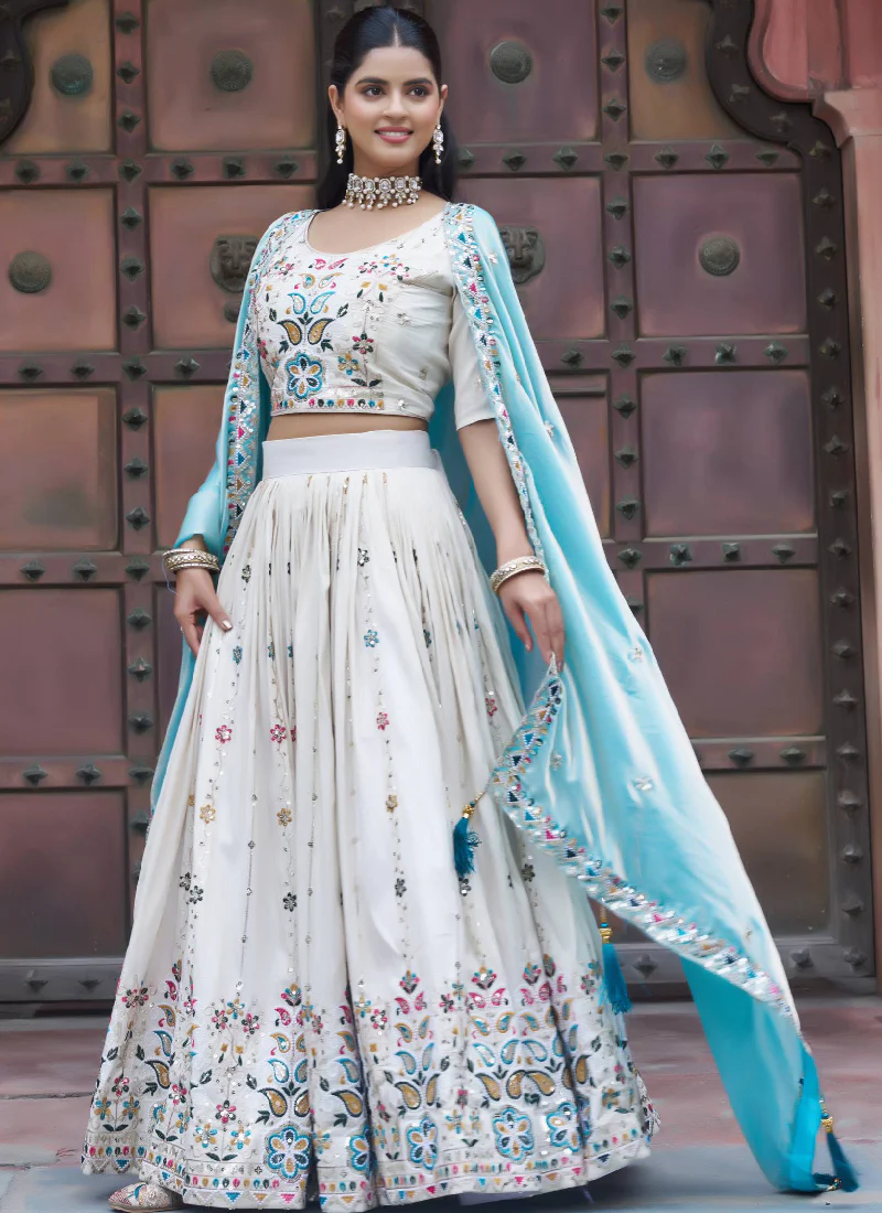 Multi Thread Embroidered Off White Tissue Silk Lehenga Choli Set - Image 3