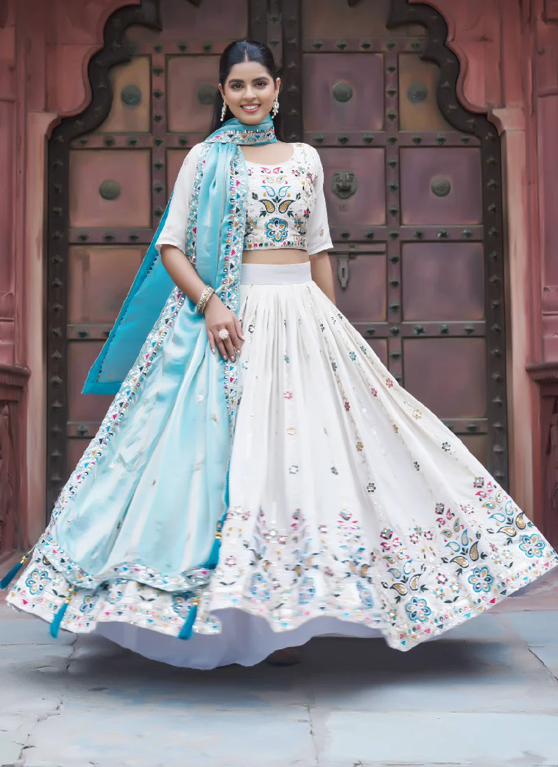 Multi Thread Embroidered Off White Tissue Silk Lehenga Choli Set - Image 4