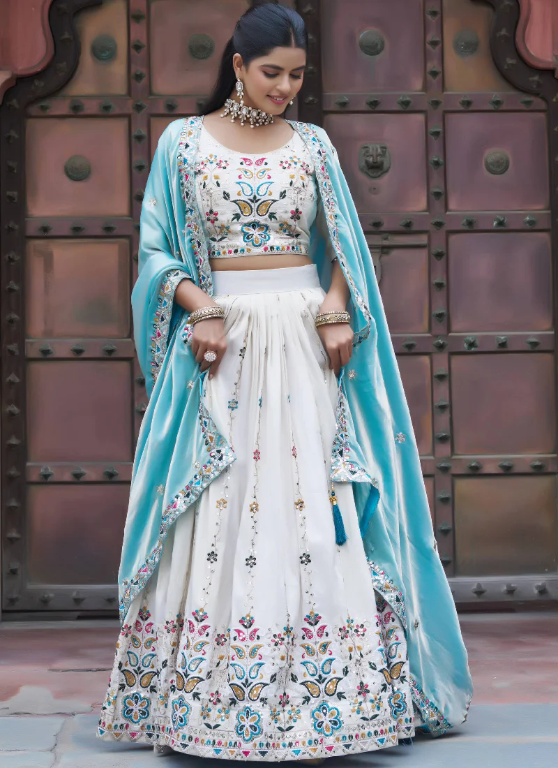 Multi Thread Embroidered Off White Tissue Silk Lehenga Choli Set - Image 5