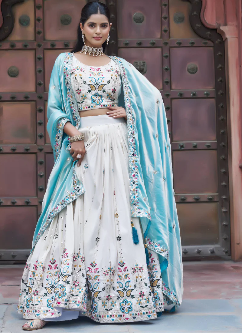 Multi Thread Embroidered Off White Tissue Silk Lehenga Choli Set - Image 6