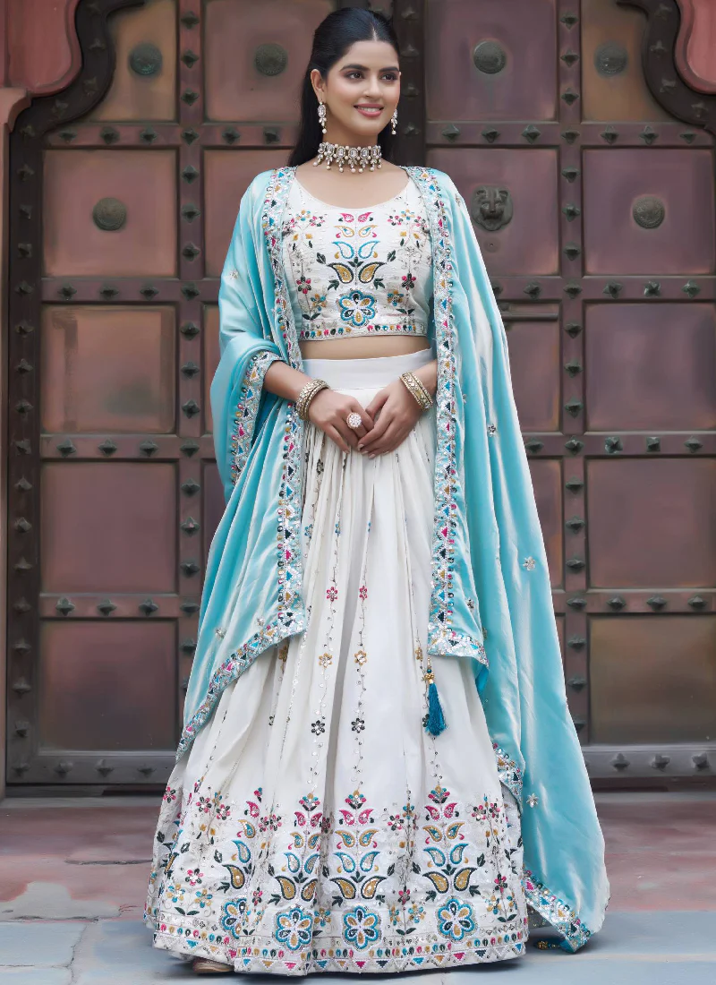 Multi Thread Embroidered Off White Tissue Silk Lehenga Choli Set - Image 7