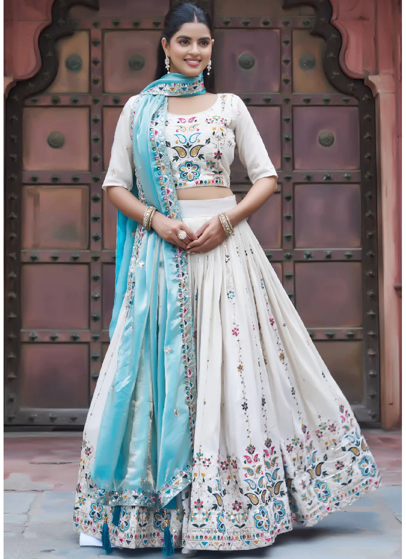 Multi Thread Embroidered Off White Tissue Silk Lehenga Choli Set - Image 8