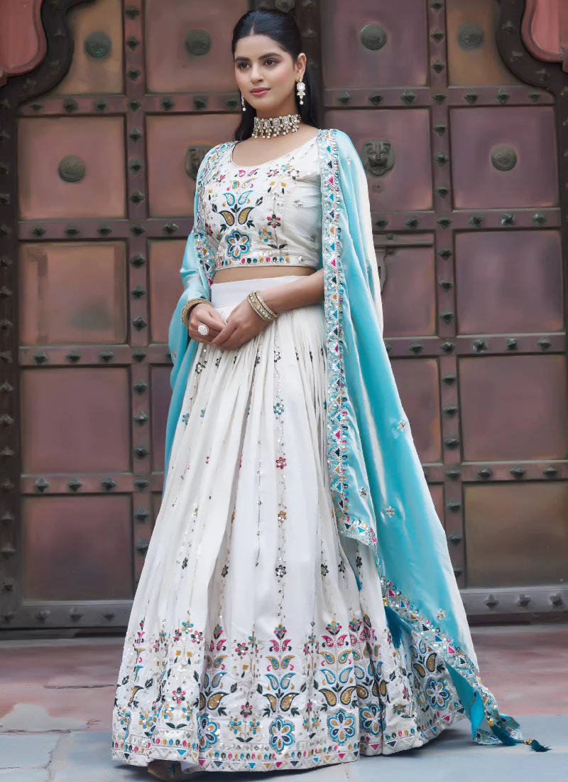 Multi Thread Embroidered Off White Tissue Silk Lehenga Choli Set - Image 9