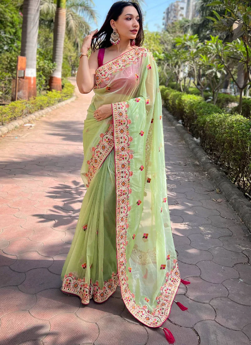 Multi Thread Work Pista Green Net Saree With Pink Blouse For Party - Image 3