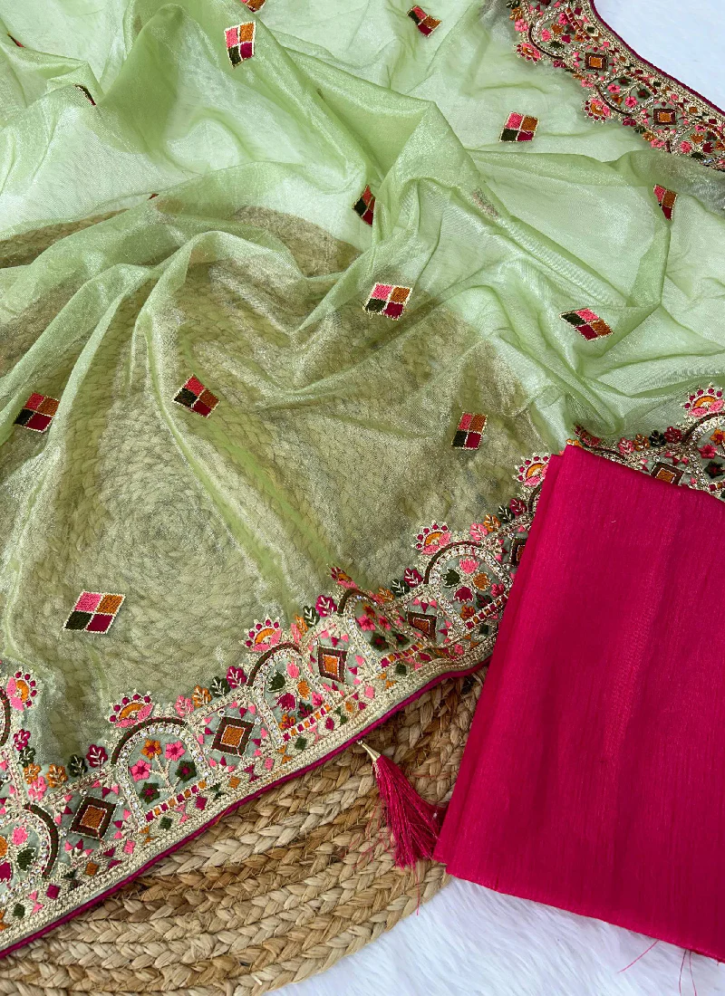 Multi Thread Work Pista Green Net Saree With Pink Blouse For Party - Image 4