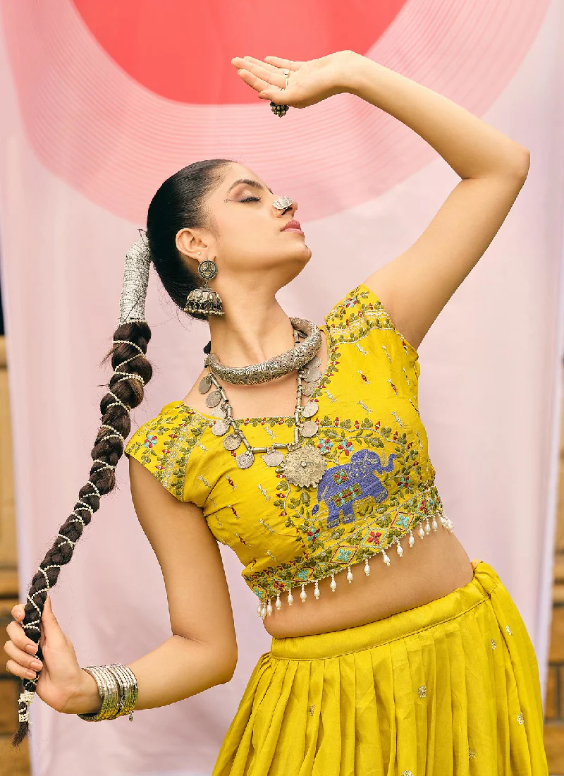 Mustard Yellow Shimmer Heavy Embroidery Work Haldi Lehenga Choli set - Image 3