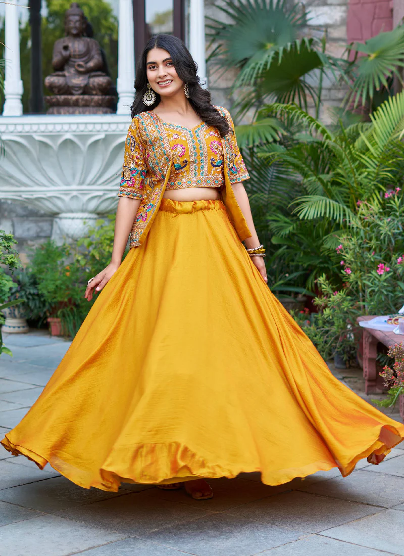 Mustard Yellow Vichitra Silk Plain Lehenga With Embroidered Blouse - Image 3