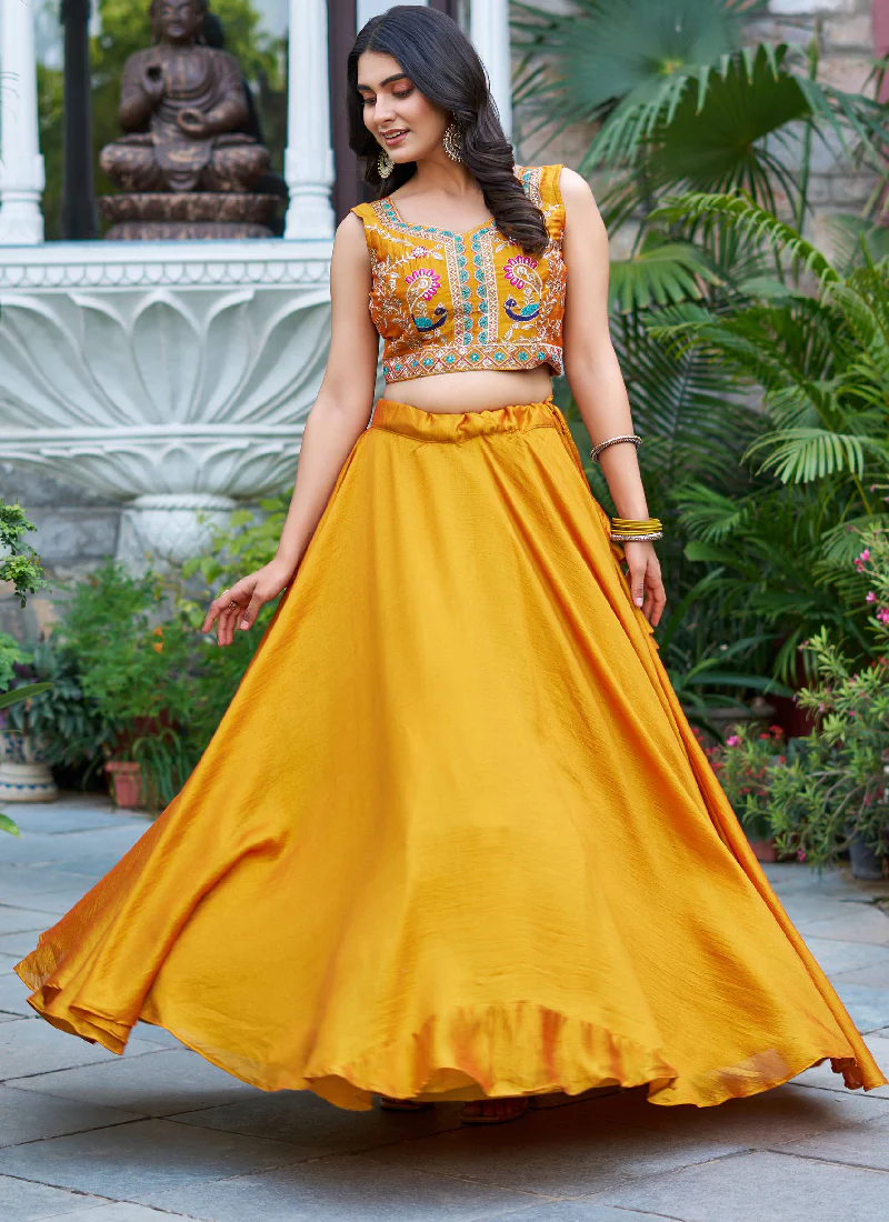Mustard Yellow Vichitra Silk Plain Lehenga With Embroidered Blouse - Image 4