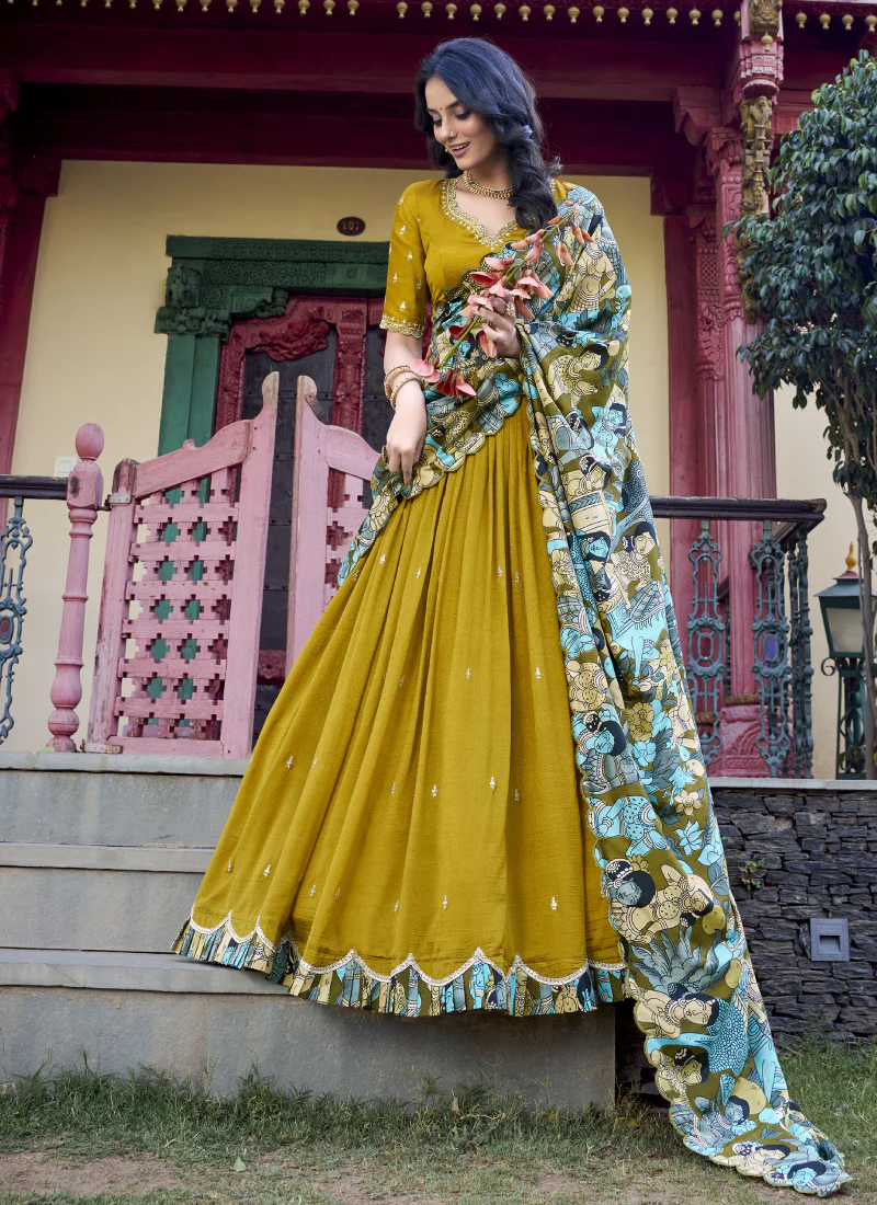 Mustard Yellow Vichitra Silk Sequence Embroidered Lehenga Choli - Image 3