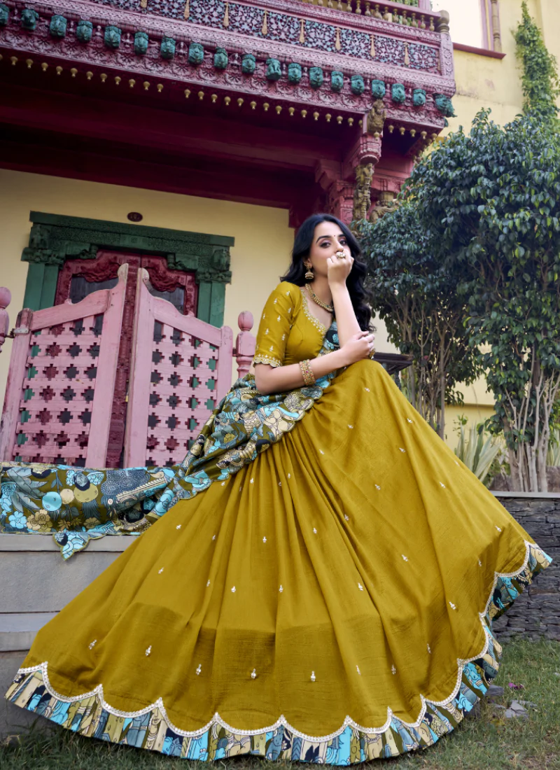 Mustard Yellow Vichitra Silk Sequence Embroidered Lehenga Choli - Image 4