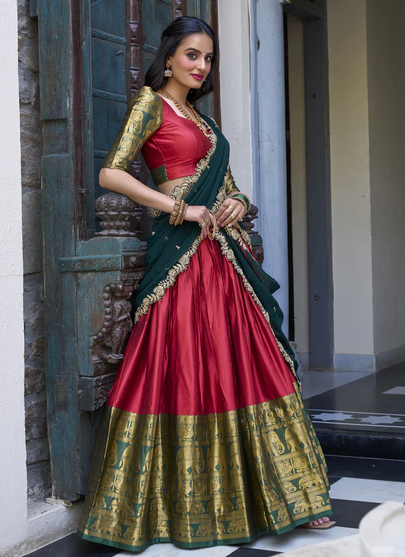 Narayan Pattu Zari Weaving Work Green And Red Half Saree Lehenga - Image 3