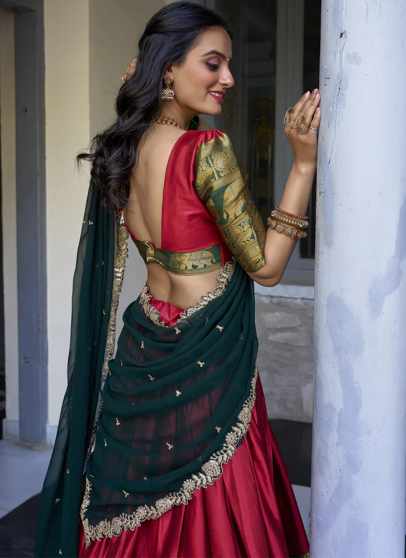 Narayan Pattu Zari Weaving Work Green And Red Half Saree Lehenga - Image 5