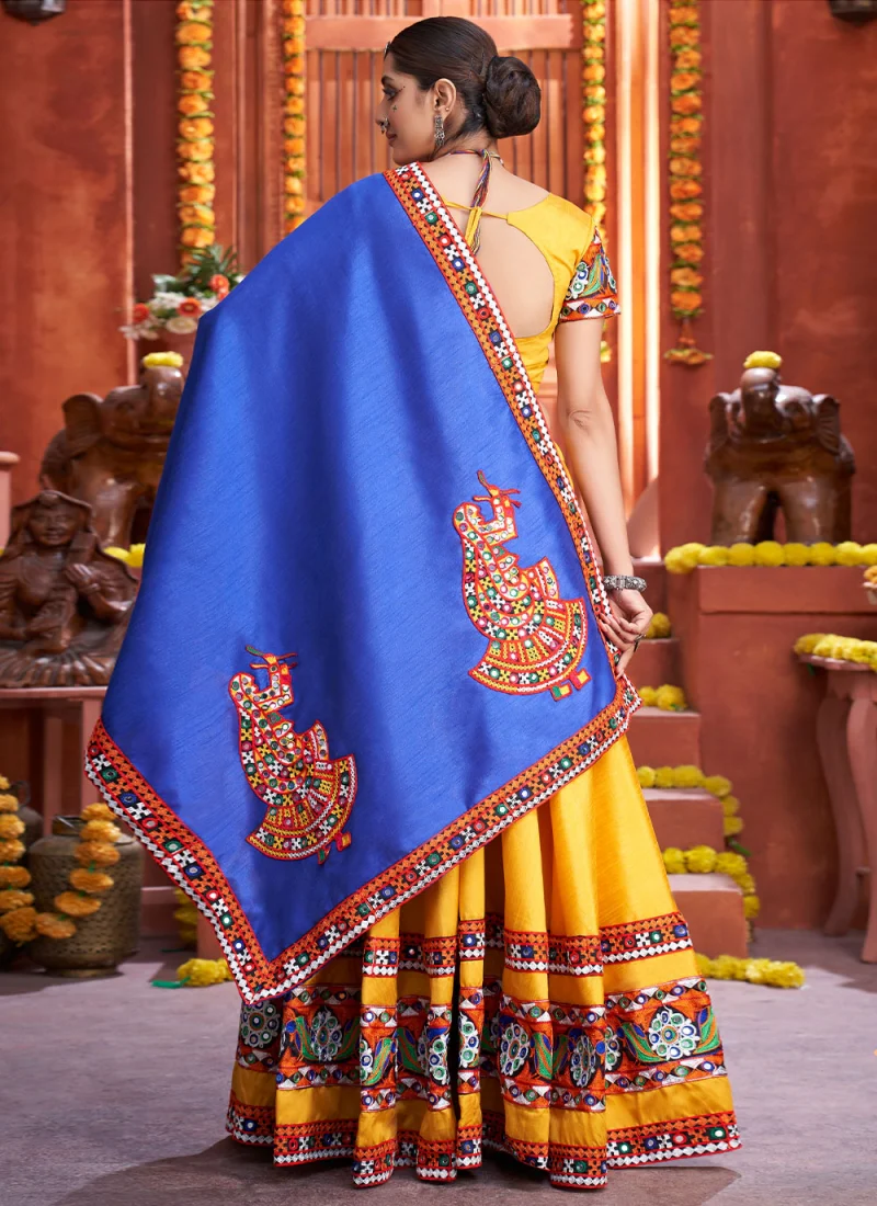Navratri Special Art Silk Yellow Gamthi Style Mirror Chaniya Choli - Image 3