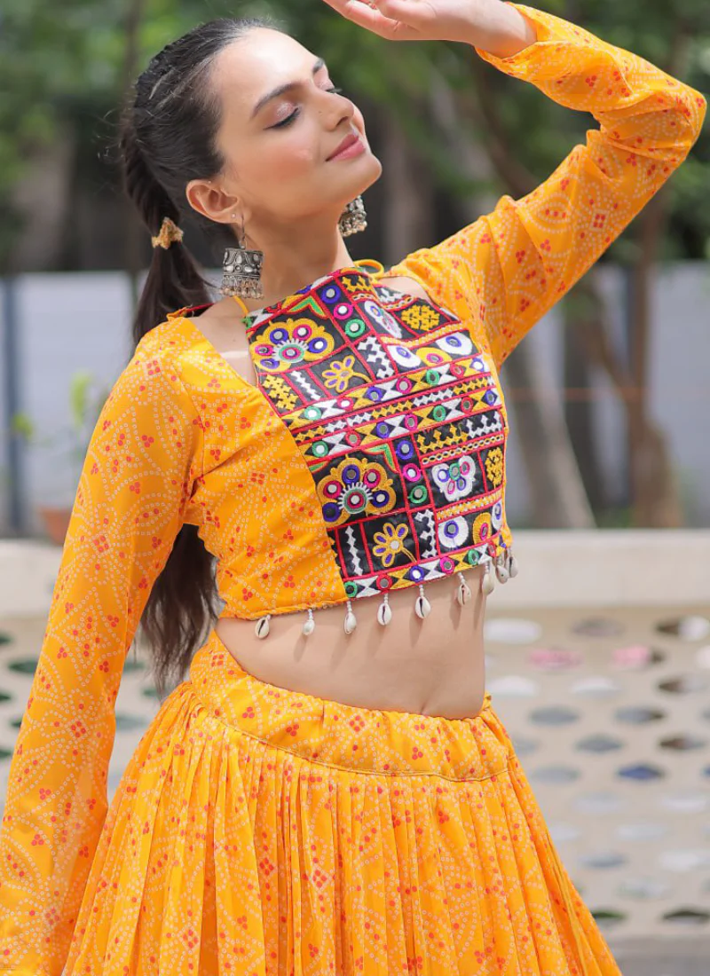 Navratri Special Bandhani Print Georgette Gamthi Work Yellow Crop Top - Image 10
