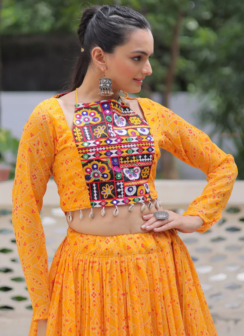 Navratri Special Bandhani Print Georgette Gamthi Work Yellow Crop Top - Image 12