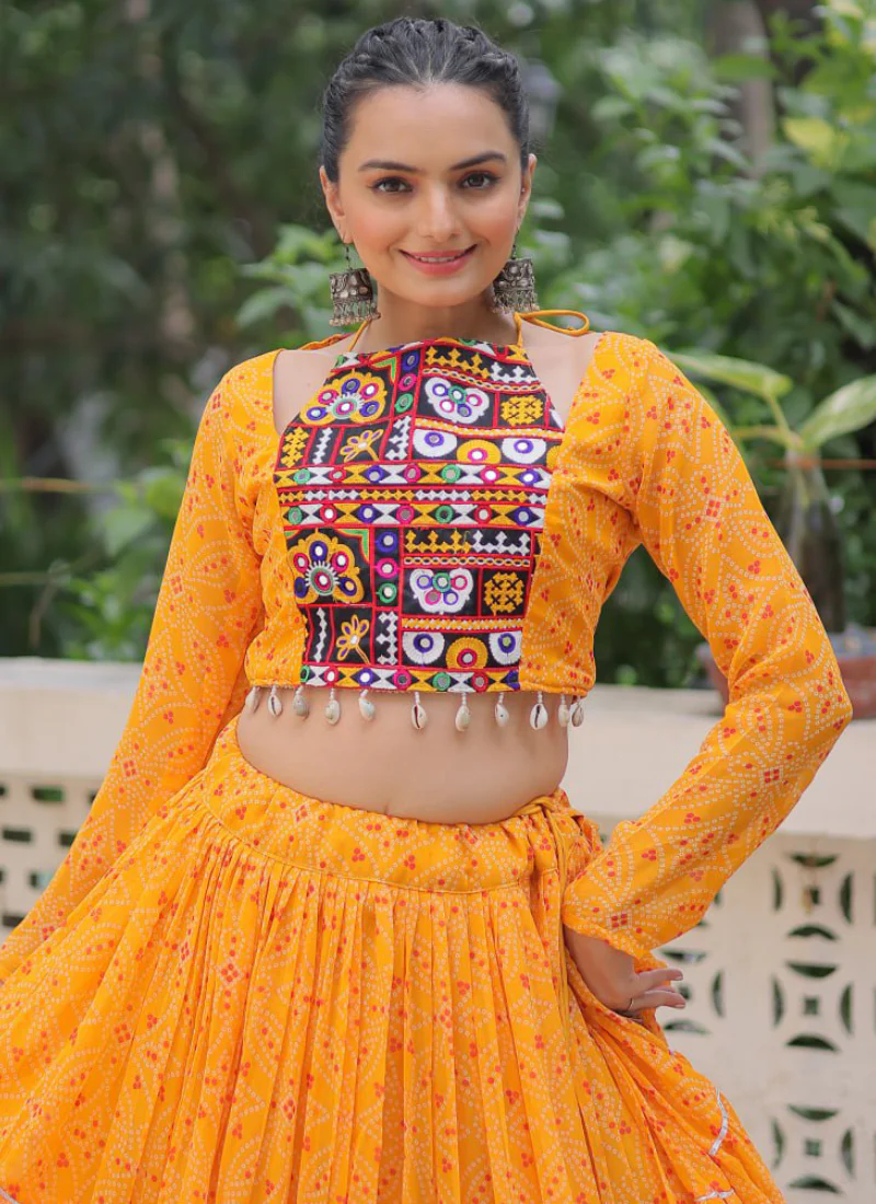 Navratri Special Bandhani Print Georgette Gamthi Work Yellow Crop Top - Image 13